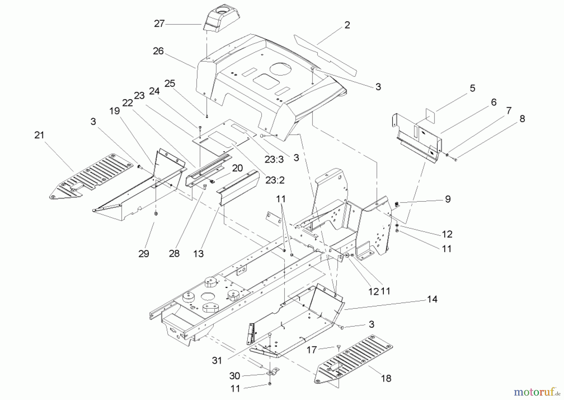 Toro Neu Mowers, Lawn & Garden Tractor Seite 1 72200 (416XT) - Toro 416XT Garden Tractor, 2004 (240000001-240999999) FENDER AND FOOTREST ASSEMBLY