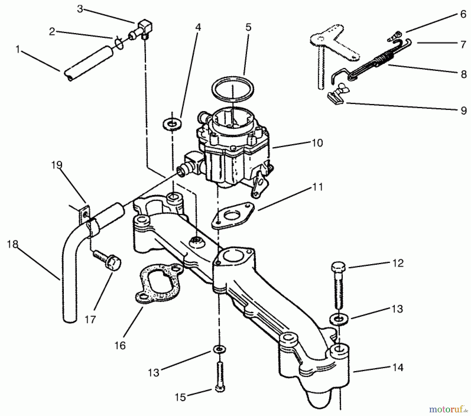 Toro Neu Mowers, Lawn & Garden Tractor Seite 1 73422 (416-8) - Toro 416-8 Garden Tractor, 1997 (7900001-7999999) INTAKE MANIFOLD & CARBURETOR
