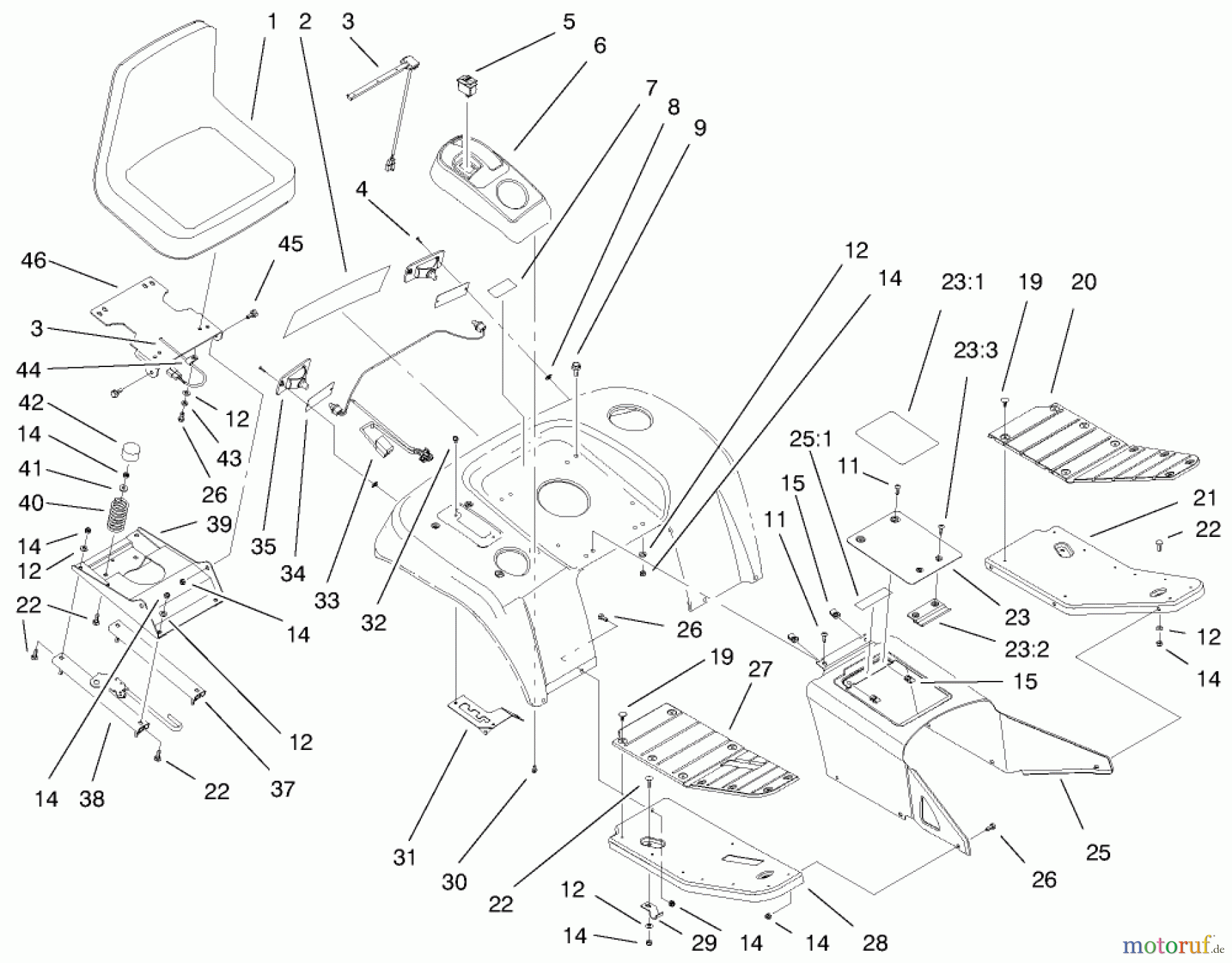  Toro Neu Mowers, Lawn & Garden Tractor Seite 1 73470 (518xi) - Toro 518xi Garden Tractor, 1998 (8900001-8999999) FENDER, FOOTREST AND SEAT ASSEMBLY