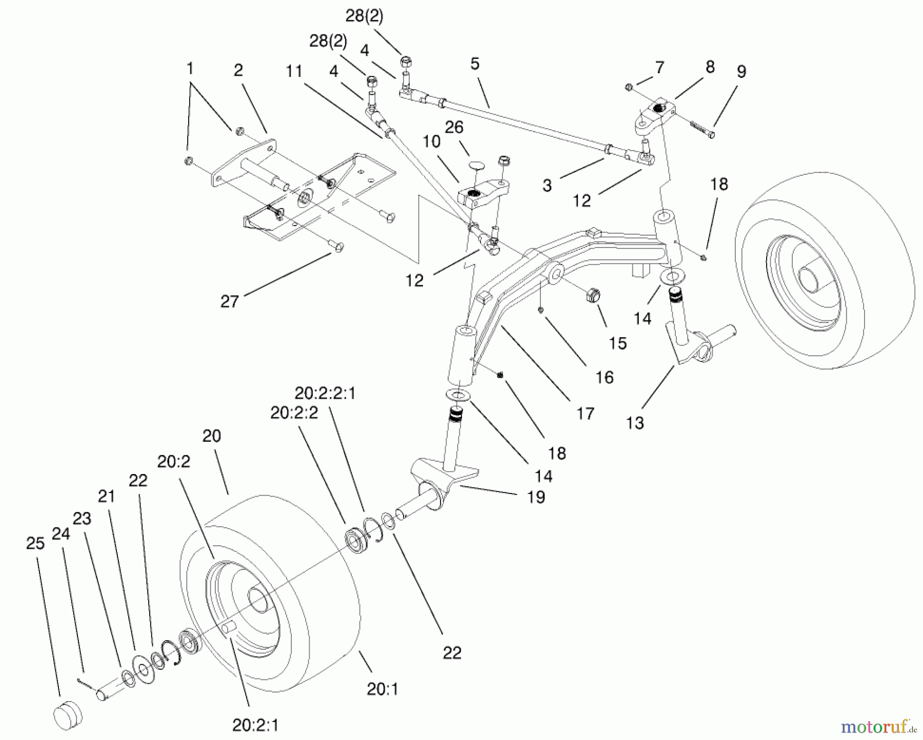 Toro Neu Mowers, Lawn & Garden Tractor Seite 1 73580 (520Lxi) - Toro 520Lxi Garden Tractor, 2000 (200000001-200999999) TIE RODS, SPINDLE, & FRONT AXLE ASSEMBLY