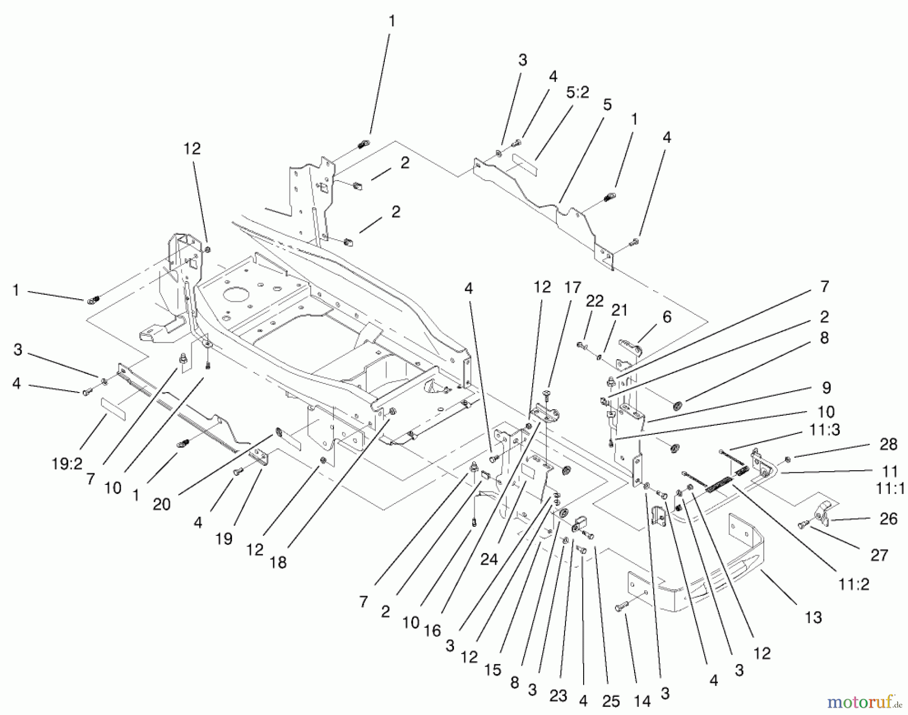  Toro Neu Mowers, Lawn & Garden Tractor Seite 1 73590 (523Dxi) - Toro 523Dxi Garden Tractor, 2000 (200000001-200999999) BUMPER & HOOD SUPPORT ASSEMBLY