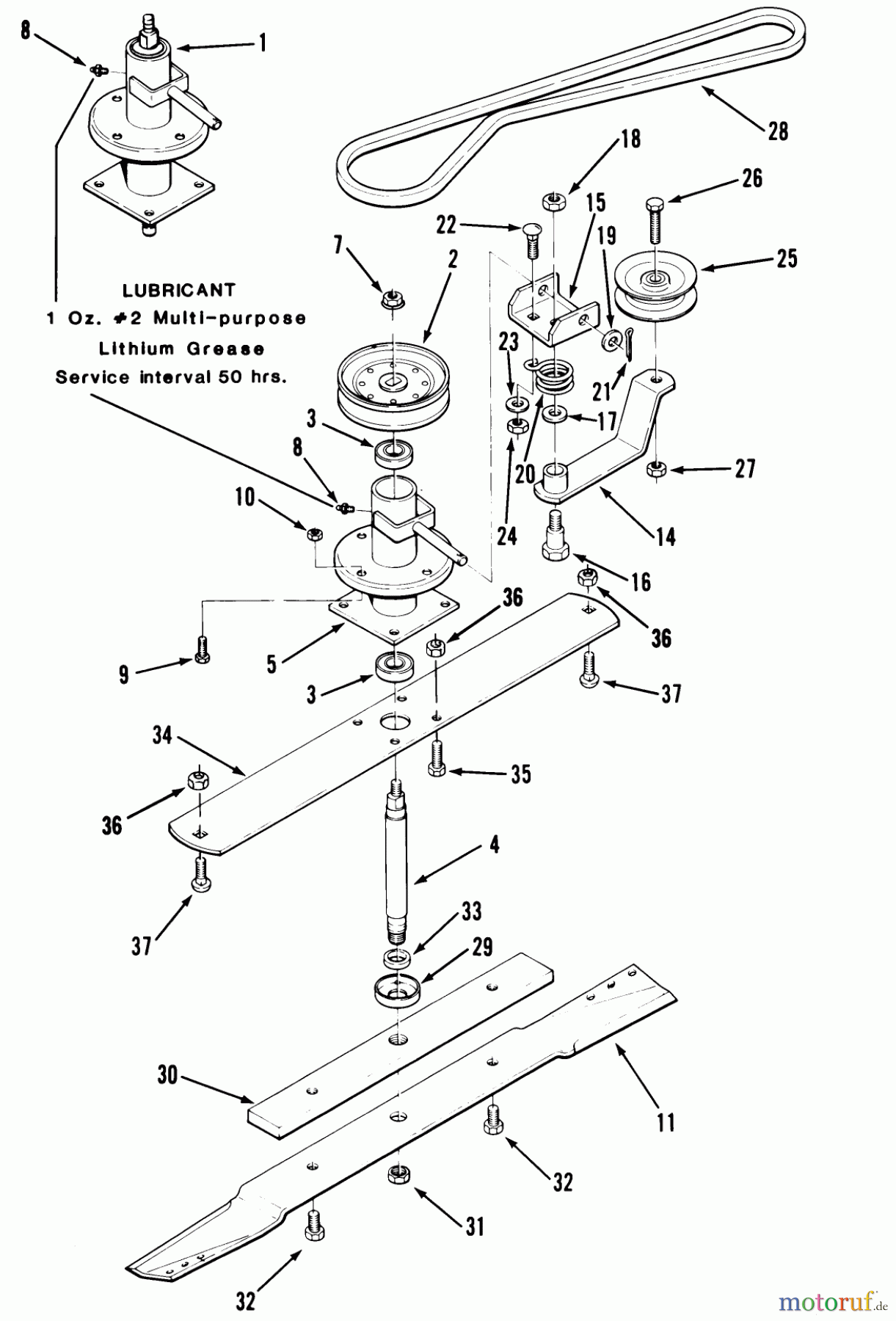  Toro Neu Mowers, Rear-Engine Rider 33-11B501 (111-5) - Toro 111-5 Rear Engine Rider, 1985 SPINDLE, PULLEYS, AND DRIVE BELT