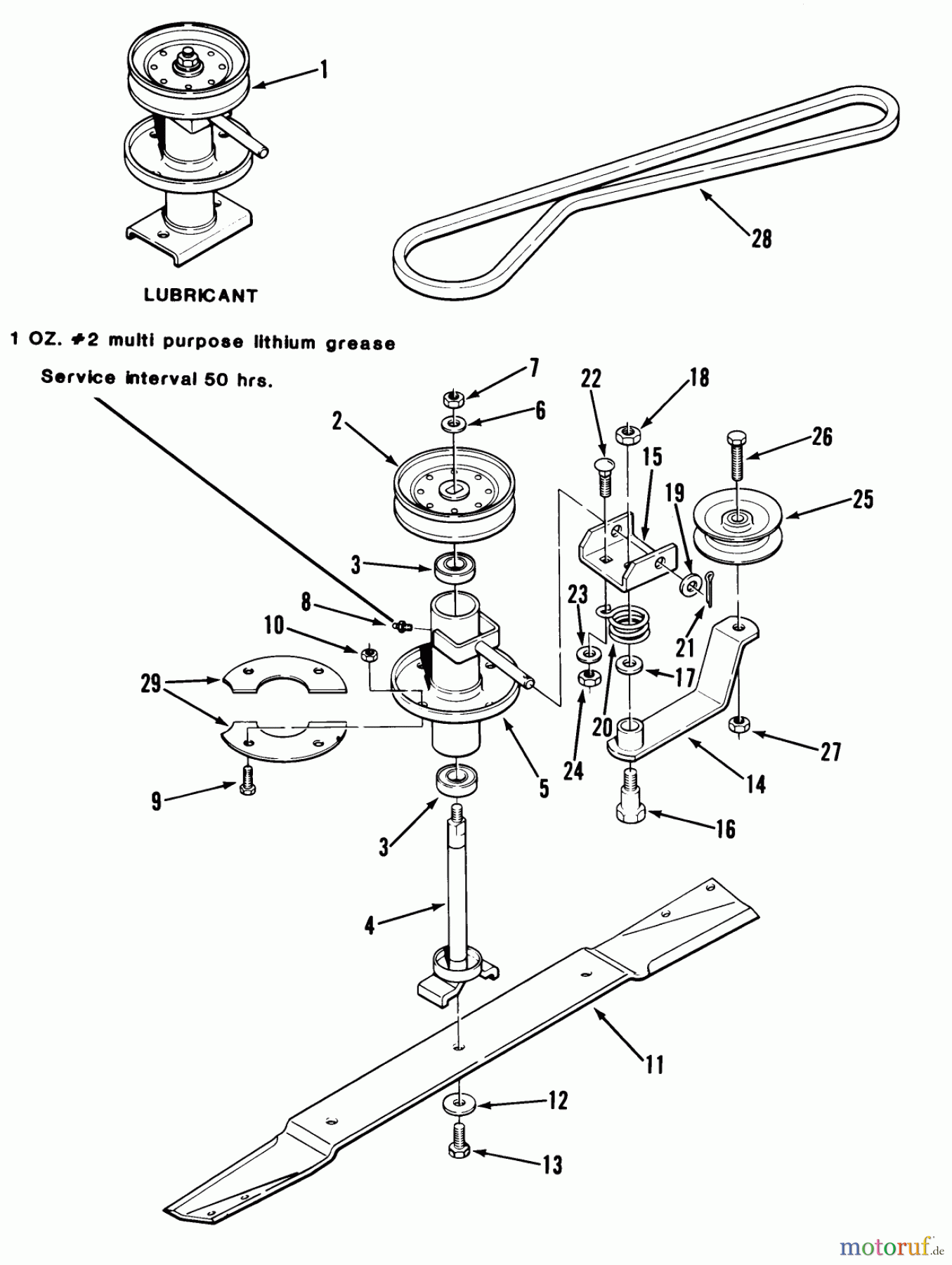 Toro Neu Mowers, Rear-Engine Rider 33-08BP01 (A-85) - Toro A-85 5-Speed Rear Engine Rider, 1985 SPINDLE, PULLEYS, AND DRIVE BELT