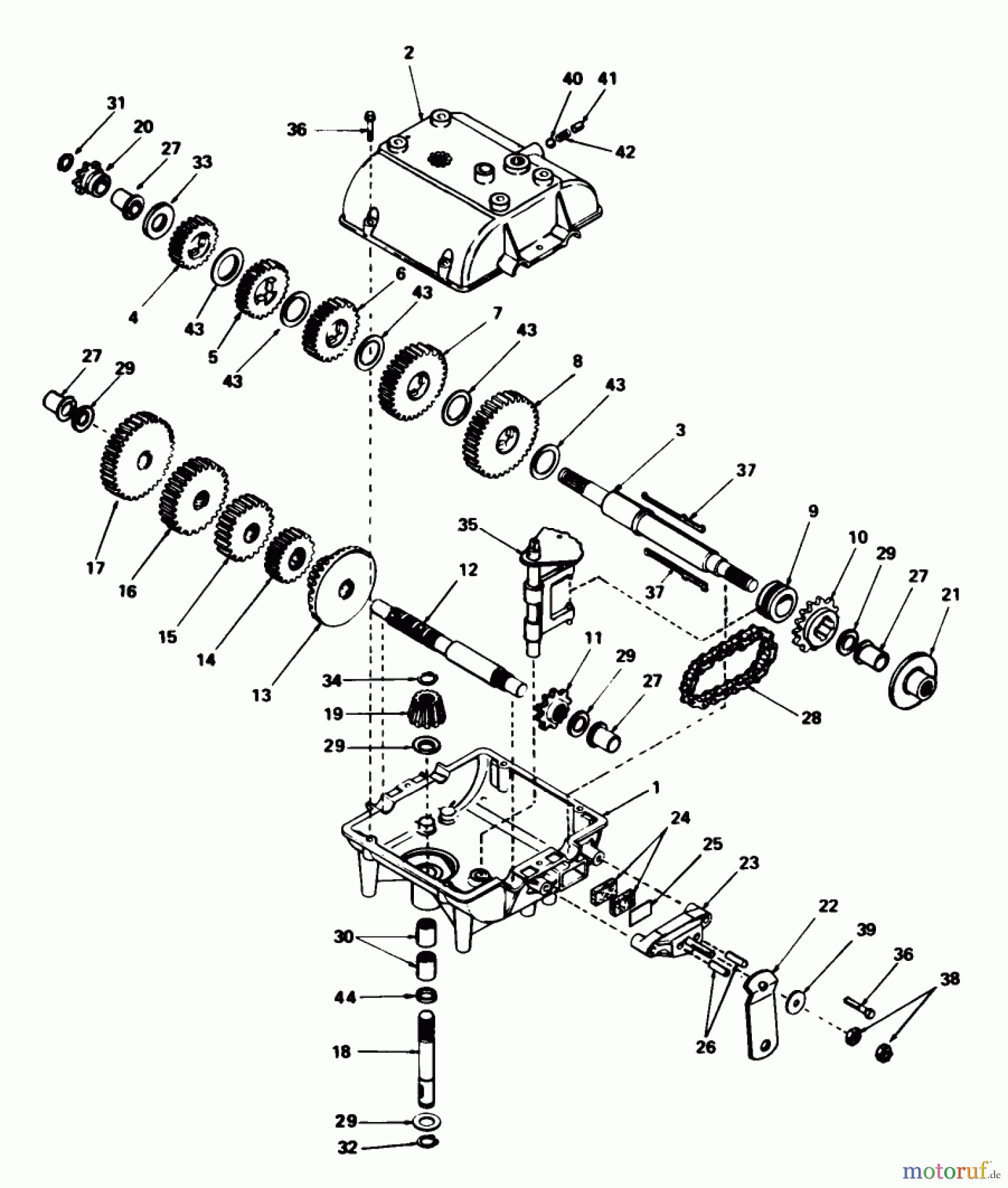  Toro Neu Mowers, Rear-Engine Rider 56125 (7-25) - Toro 7-25 Rear Engine Rider, 1984 (4000001-4999999) TRANSMISSION ASSEMBLY NO. 44-7200