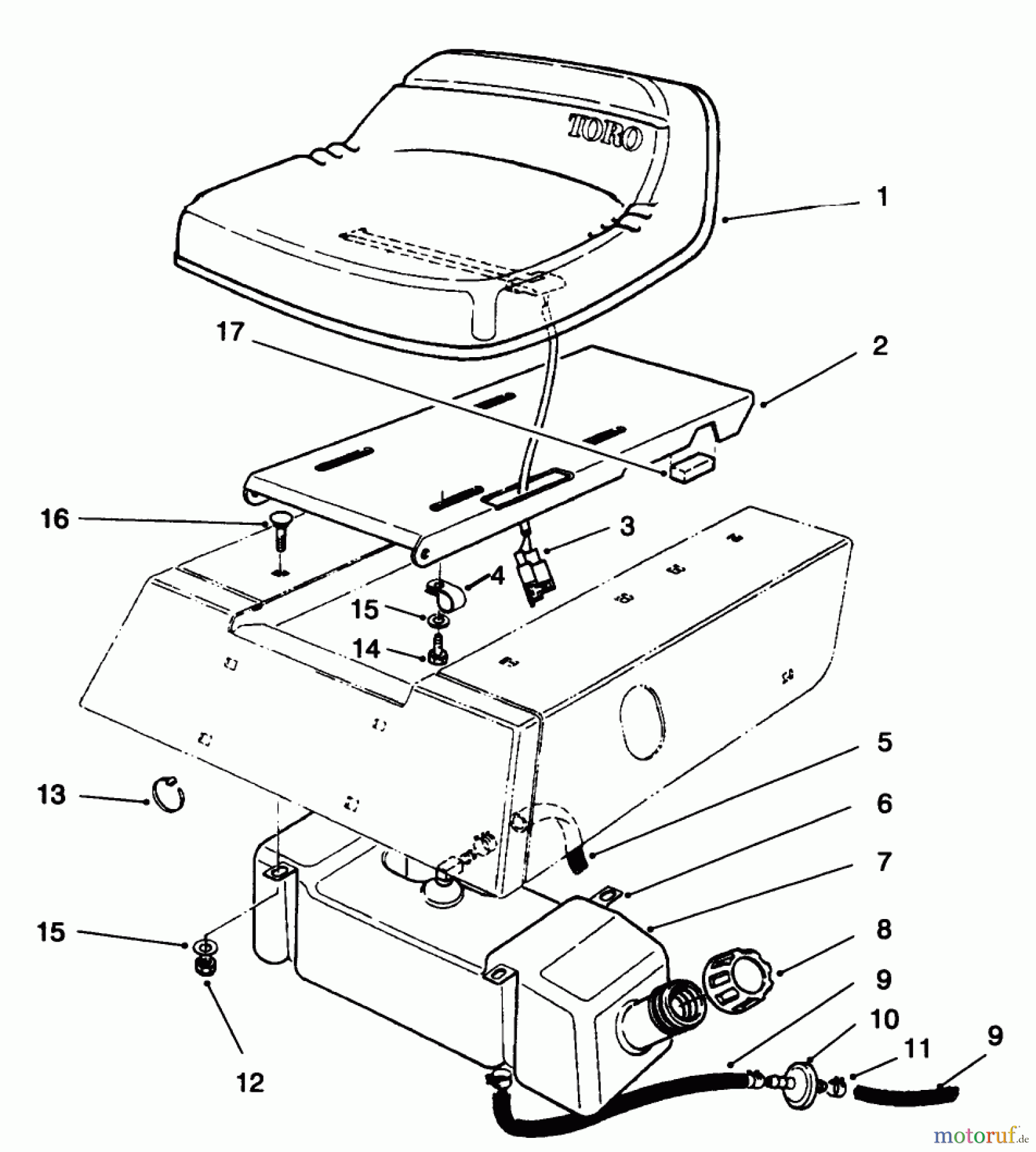  Toro Neu Mowers, Rear-Engine Rider 70060 (8-25) - Toro 8-25 Rear Engine Rider, 1996 (6900001-6999999) SEAT & GAS TANK ASSEMBLY