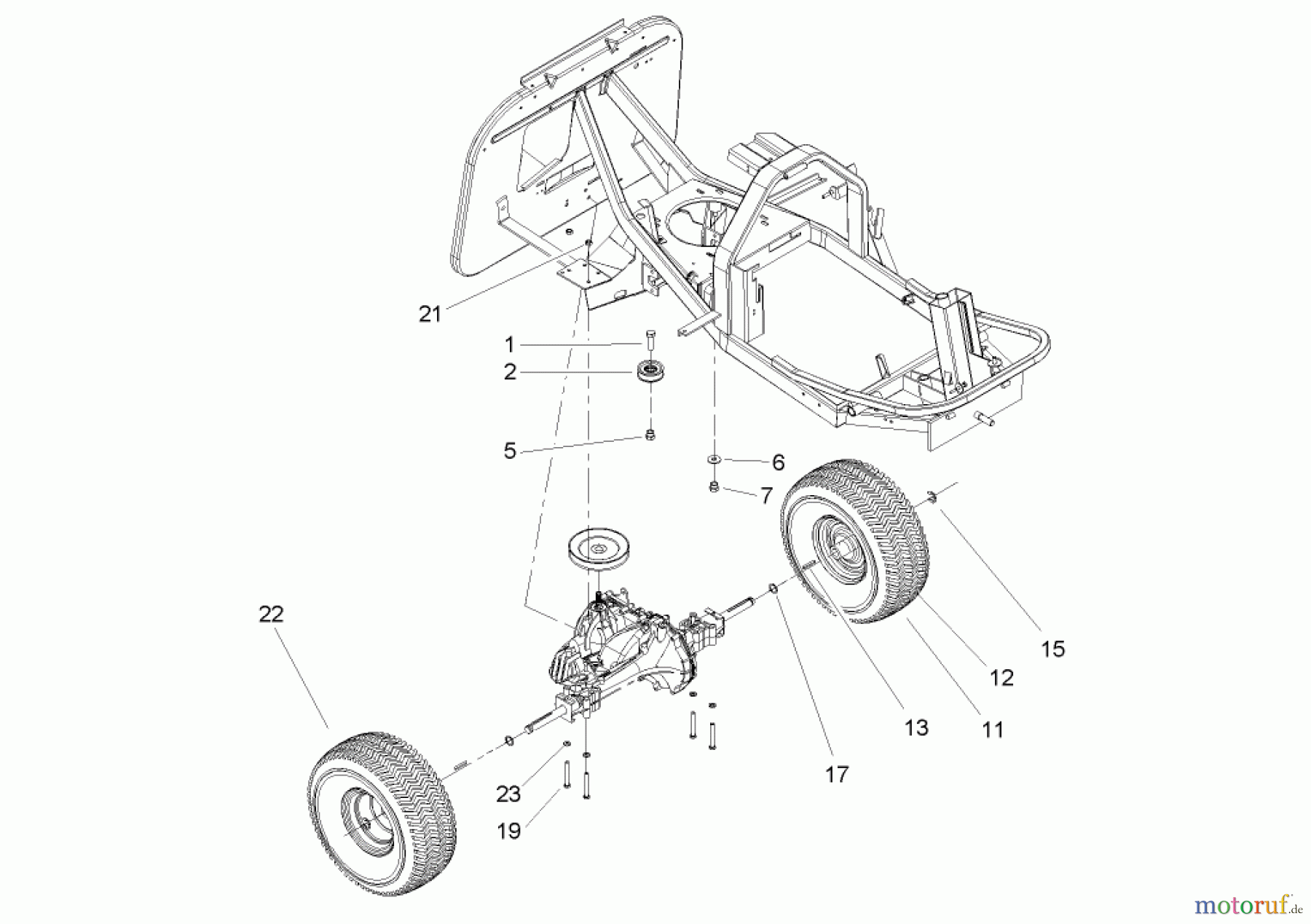  Toro Neu Mowers, Rear-Engine Rider 70185 (13-32G) - Toro 13-32G Rear-Engine Riding Mower, 2004 (240000001-240999999) REAR WHEEL AND TRANSMISSION ASSEMBLY