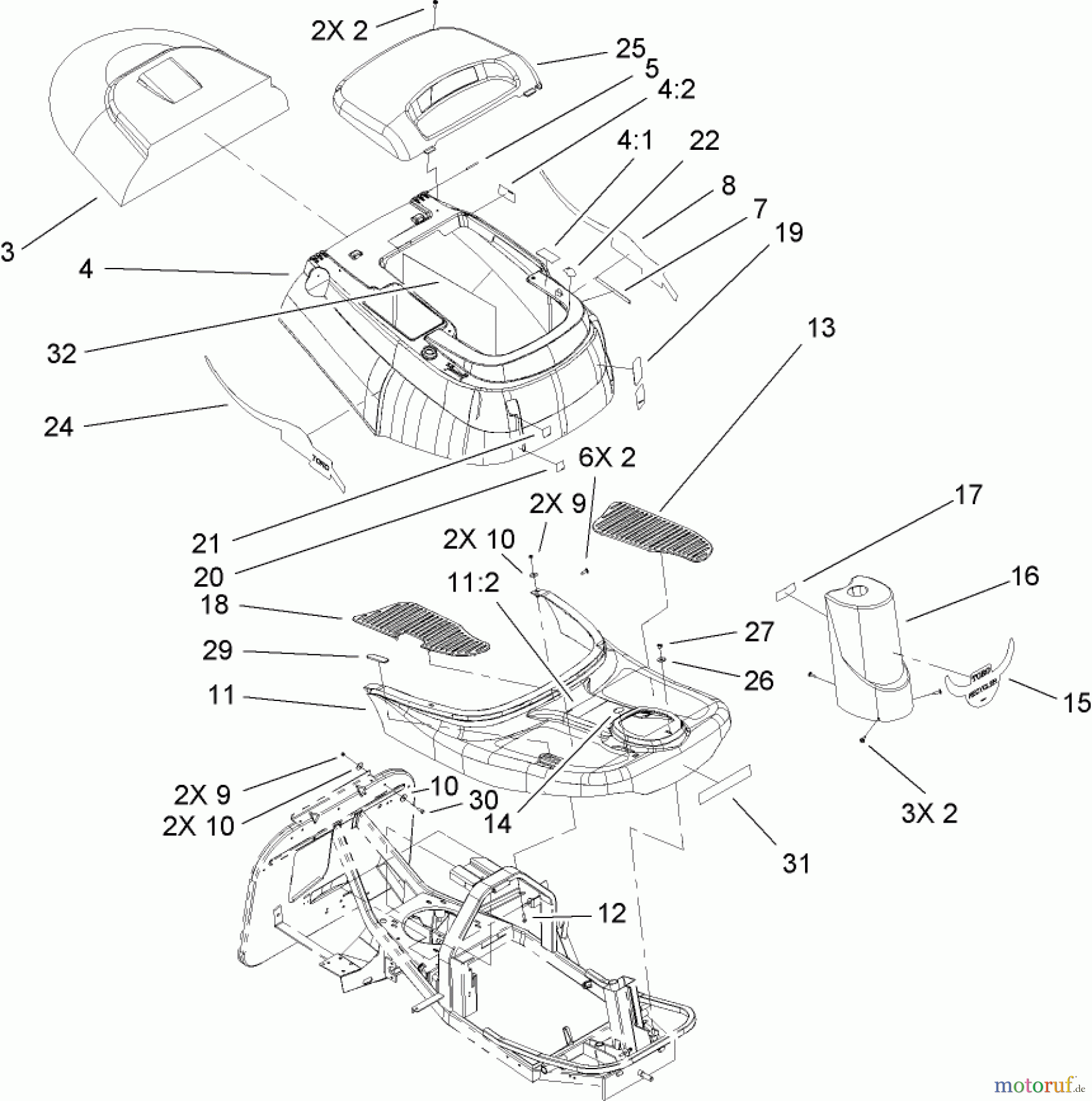  Toro Neu Mowers, Rear-Engine Rider 70185 (G132) - Toro G132 Rear-Engine Riding Mower, 2007 (270000001-270805705) BODY AND DECAL ASSEMBLY