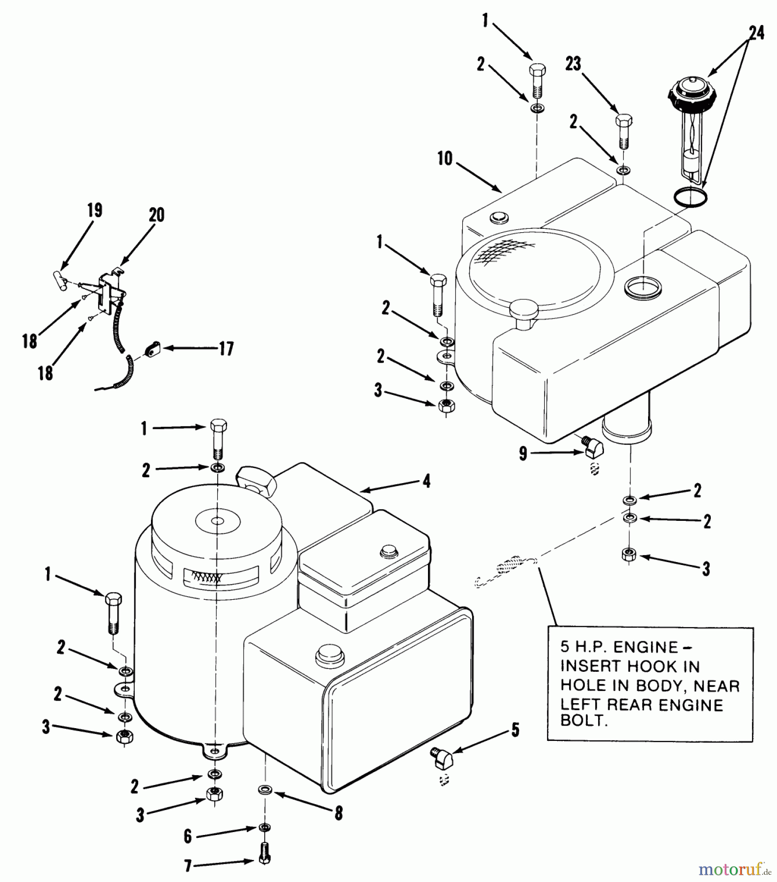  Toro Neu Mowers, Rear-Engine Rider A3-053201 (RR-532) - Toro RR-532 5-Speed Rear Engine Rider, 1982 ENGINE, THROTTLE CONTROL AND EXHAUST SYSTEM