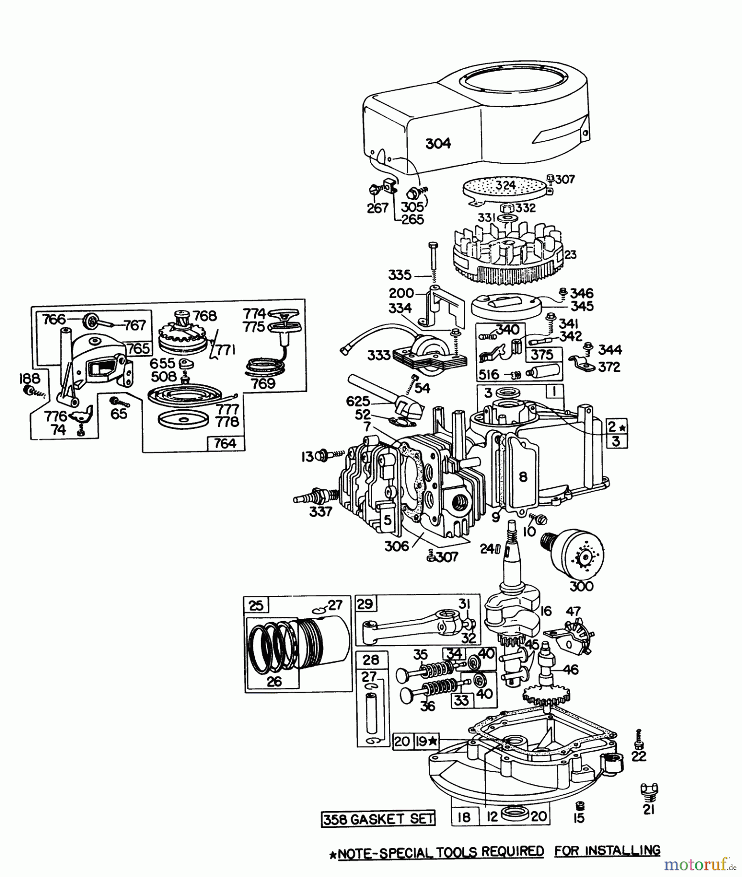 Toro Neu Mowers, Walk-Behind Seite 1 16264 - Toro Whirlwind II Lawnmower, 1977 (7000001-7999999) ENGINE BRIGGS & STRATTON MODEL 92908-1744-01 FOR 21