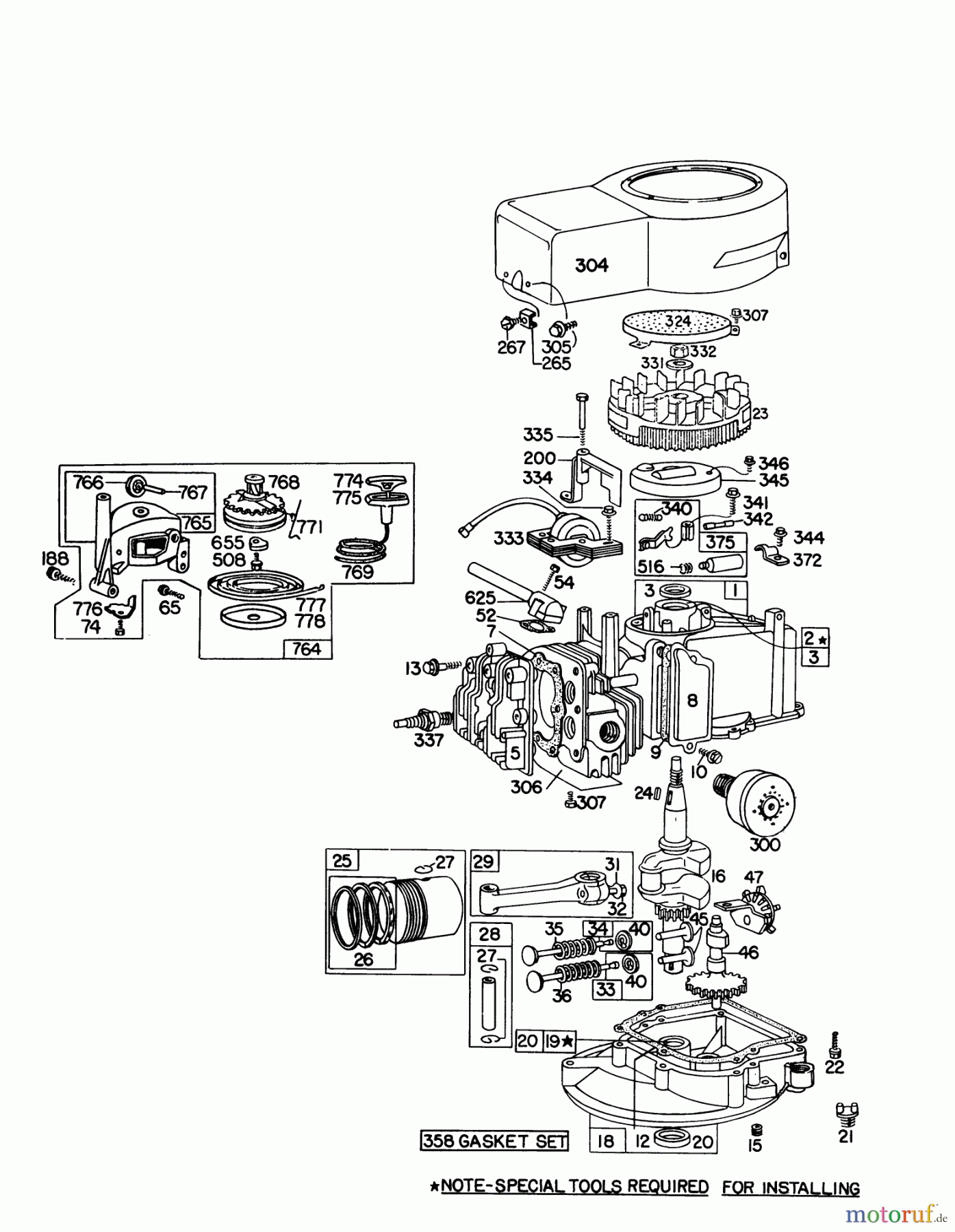  Toro Neu Mowers, Walk-Behind Seite 1 16287 - Toro Whirlwind II Lawnmower, 1977 (7000001-7999999) ENGINE BRIGGS & STRATTON MODEL 92908-1735-01 FOR 21