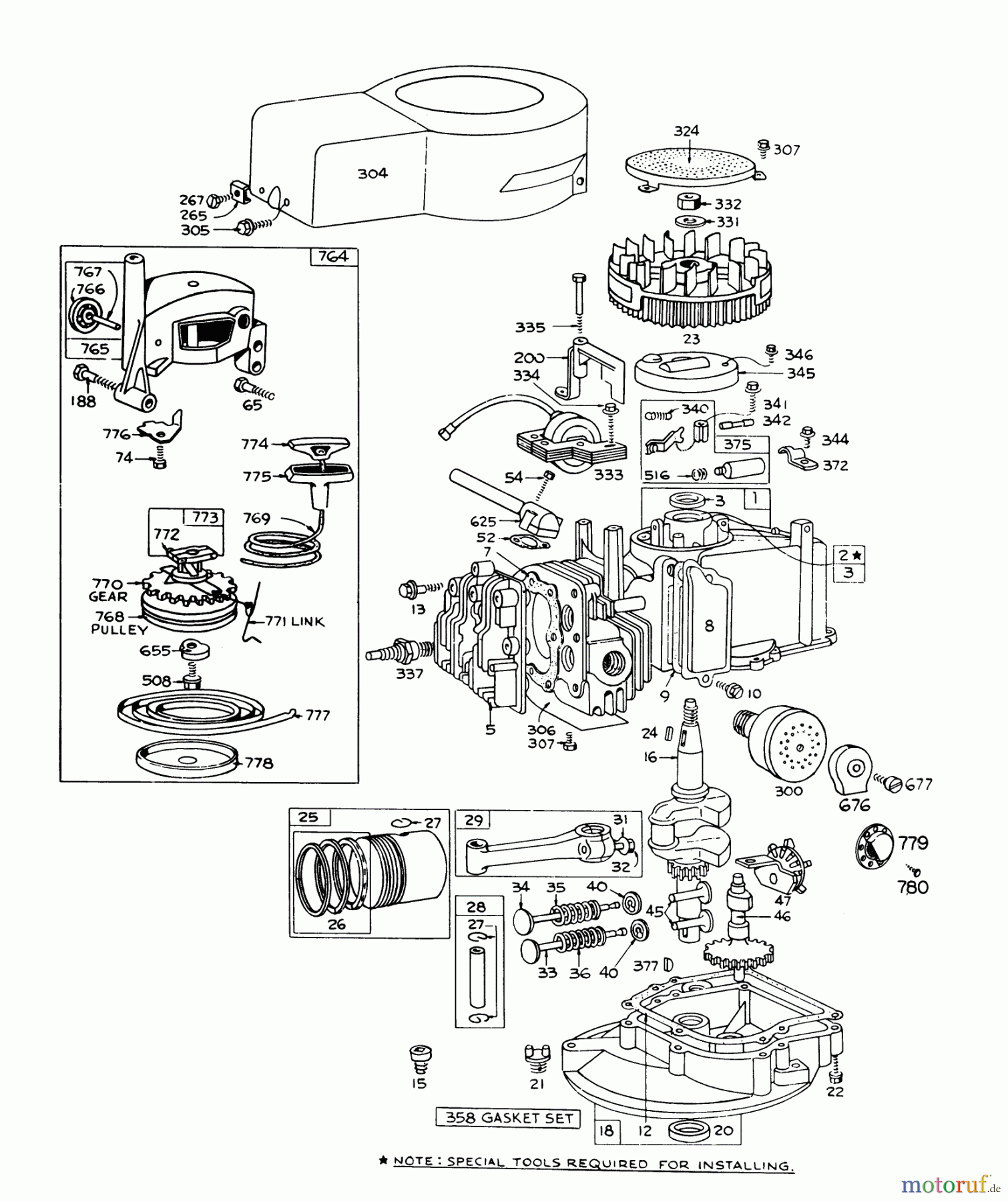 Toro Neu Mowers, Walk-Behind Seite 1 16067 - Toro Whirlwind II Lawnmower, 1978 (8000001-8999999) ENGINE BRIGGS & STRATTON MODEL 92508-0985-01 FOR 19