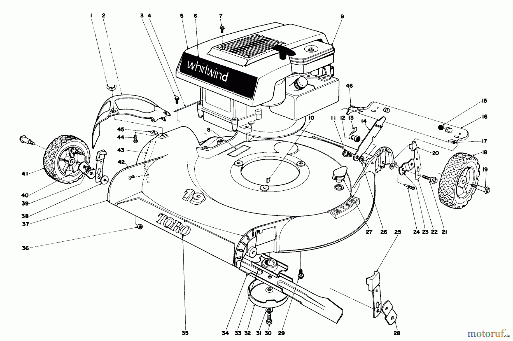  Toro Neu Mowers, Walk-Behind Seite 1 16173 - Toro Whirlwind Lawnmower, 1974 (4000001-4999999) HOUSING & ENGINE ASSEMBLY-MODELS 16073 & 16173