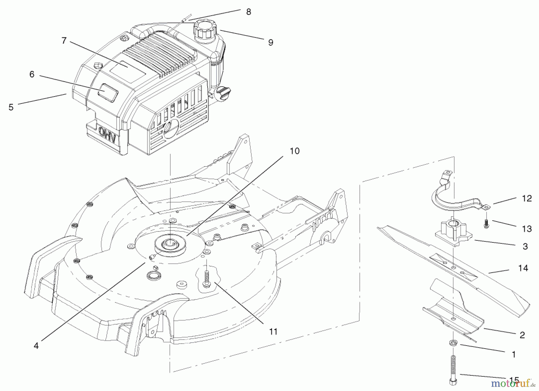 Toro Neu Mowers, Walk-Behind Seite 1 20040 (SR-21OS) - Toro Super Recycler Mower, SR-21OS, 2001 (210000001-210999999) ENGINE AND BLADE ASSEMBLY