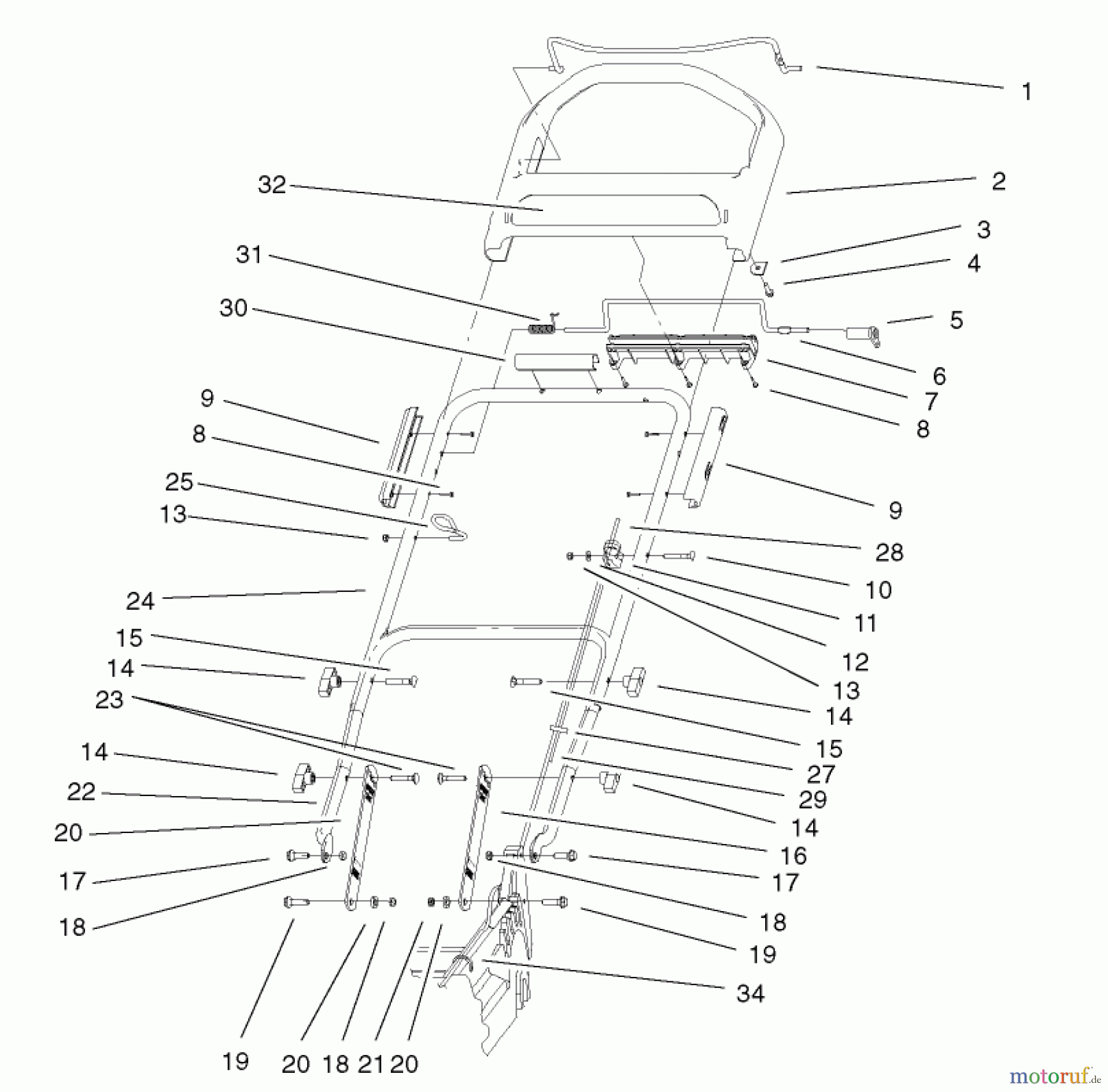  Toro Neu Mowers, Walk-Behind Seite 1 20042 (SR-21S) - Toro Super Recycler Mower, SR-21S, 1999 (9900001-9999999) HANDLE & CONTROLS ASSEMBLY