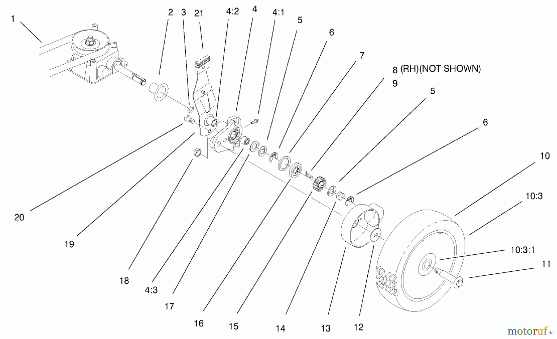 Toro Neu Mowers, Walk-Behind Seite 1 20045 (SR-21SE) - Toro Super Recycler Mower, SR-21SE, 1999 (9900001-9999999) GEAR CASE AND WHEEL ASSEMBLY