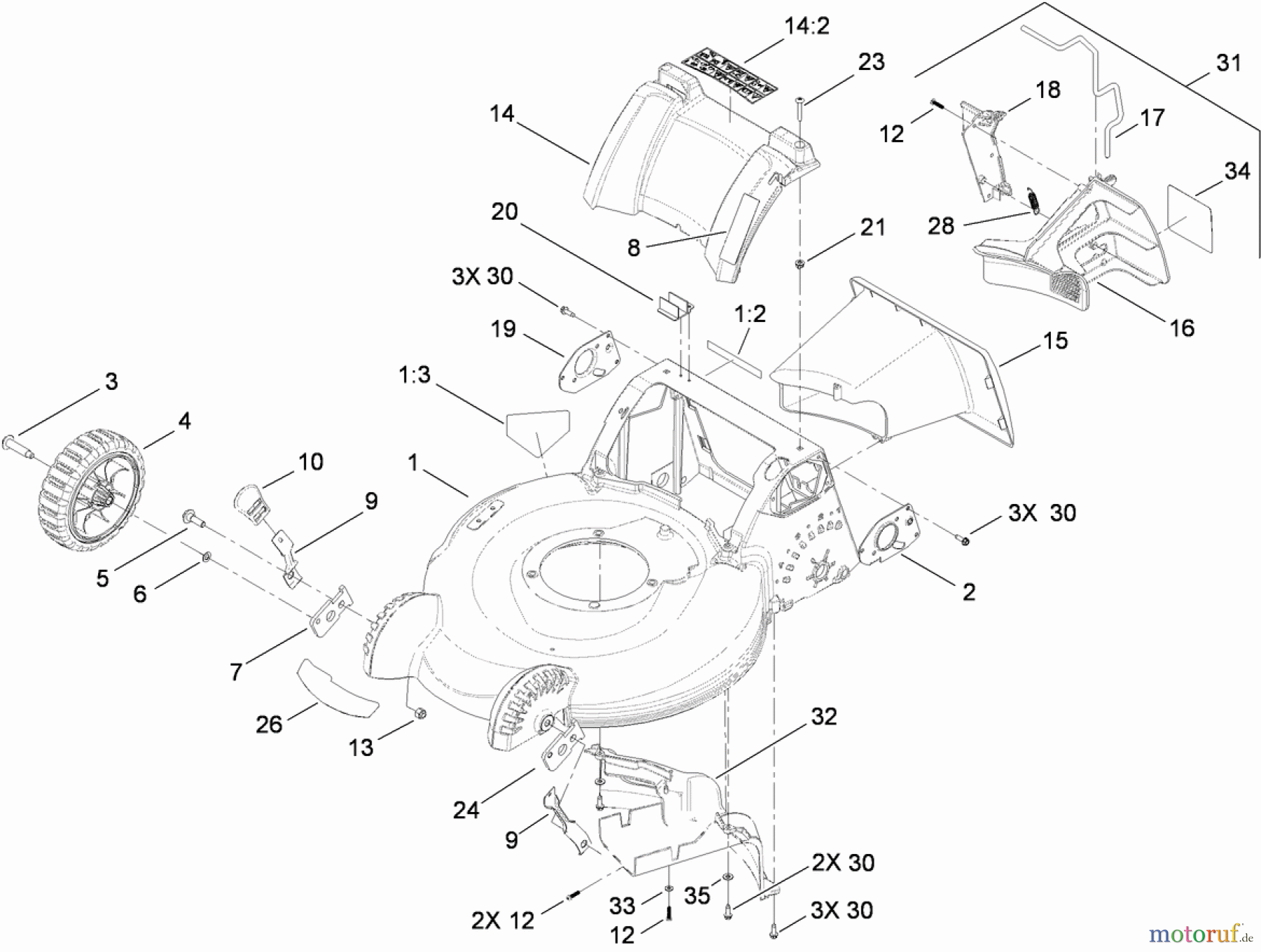  Toro Neu Mowers, Walk-Behind Seite 1 20192 - Toro Super Bagger Lawn Mower, 2009 (290000001-290999999) DECK HOUSING, FRONT WHEEL AND REAR DOOR ASSEMBLY