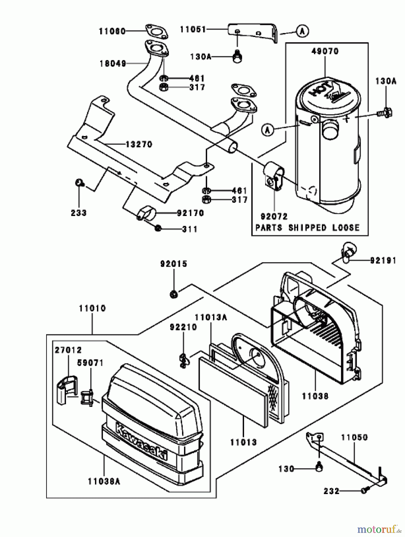  Toro Neu Mowers, Zero-Turn 74802 (19-52ZX) - Toro 19-52ZX TimeCutter ZX Riding Mower, 2004 (240000159-240999999) AIR FILTER AND MUFFLER ASSEMBLY KAWASAKI FH580V-AS13