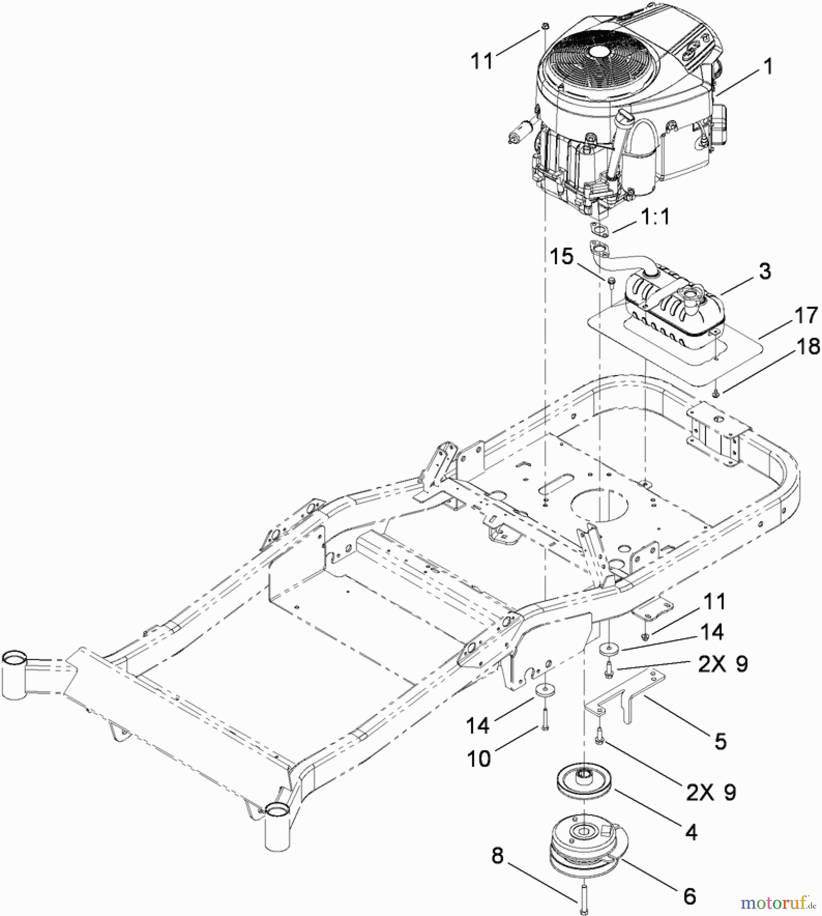  Toro Neu Mowers, Zero-Turn 74820 (ZX5000) - Toro TITAN ZX5000 Zero-Turn-Radius Riding Mower, 2009 (290000001-290999999) ENGINE, CLUTCH AND EXHAUST ASSEMBLY