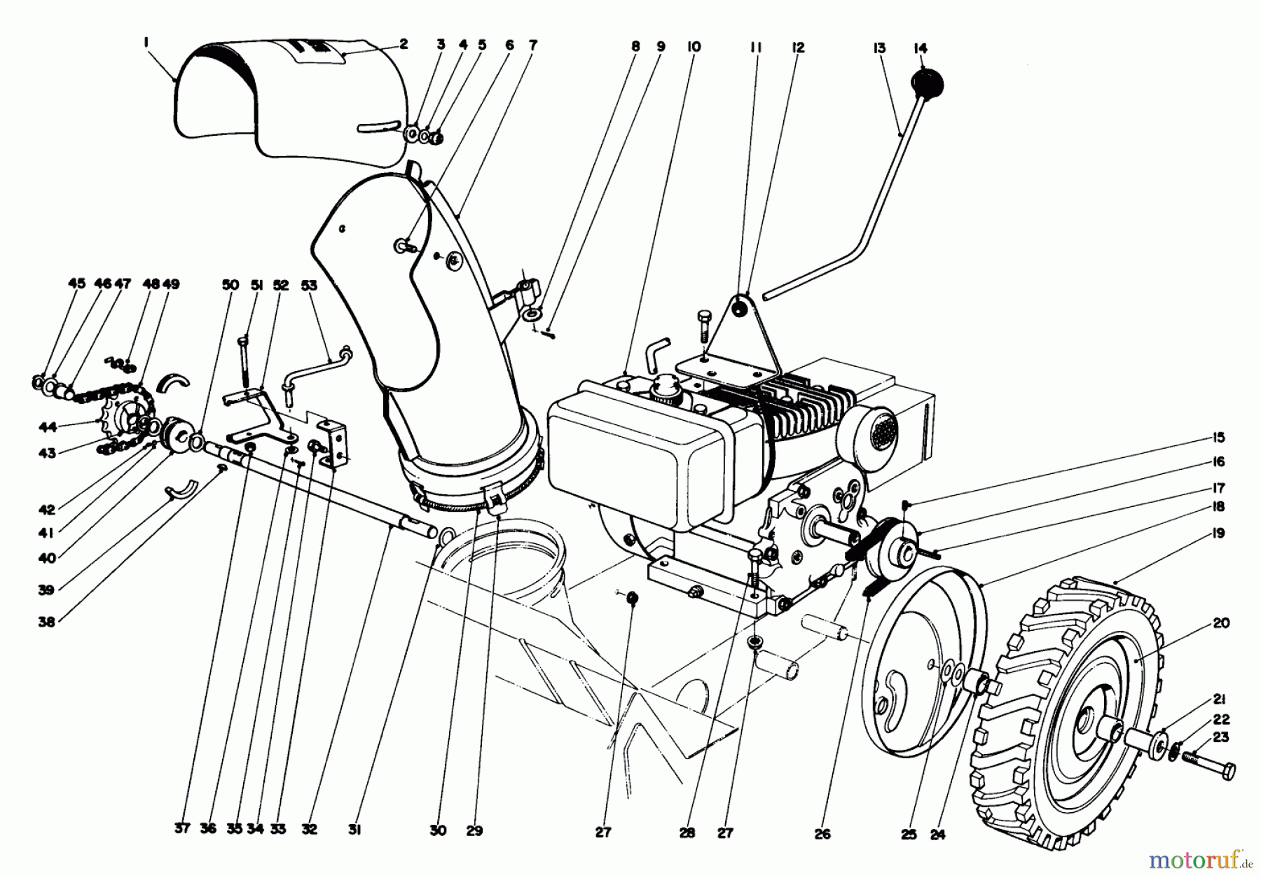 Toro Neu Snow Blowers/Snow Throwers Seite 1 31302 - Toro Snowhound, 1973 (3000001-3999999) ENGINE AND DRIVE ASSEMBLY