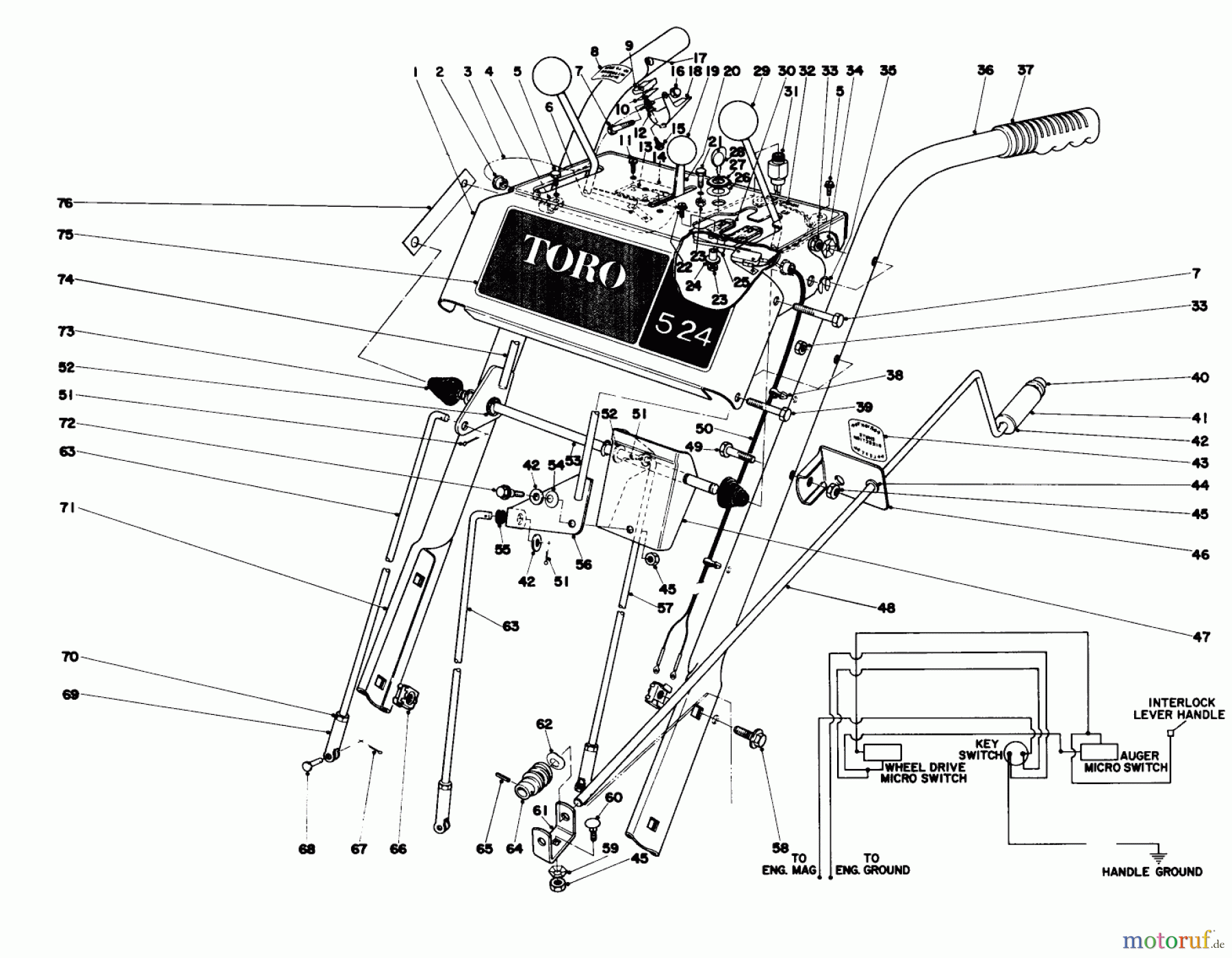 Toro Neu Snow Blowers/Snow Throwers Seite 1 31677 (724) - Toro 724 Snowthrower, 1976 (6000001-6999999) HANDLE ASSEMBLY