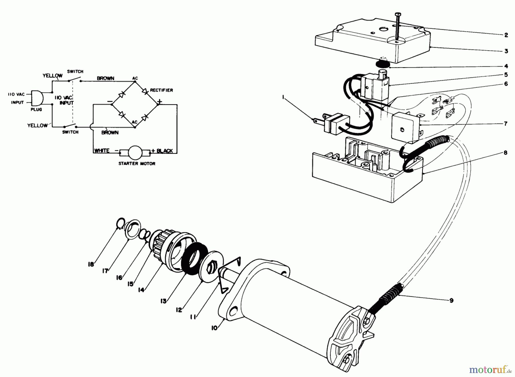 Toro Neu Snow Blowers/Snow Throwers Seite 1 38116C (CR-20R) - Toro CR-20 Snowthrower, 1987 (7000001-7999999) STARTER MOTOR & SWITCH ASSEMBLY (MODELS NO. 38115C & 38116C)