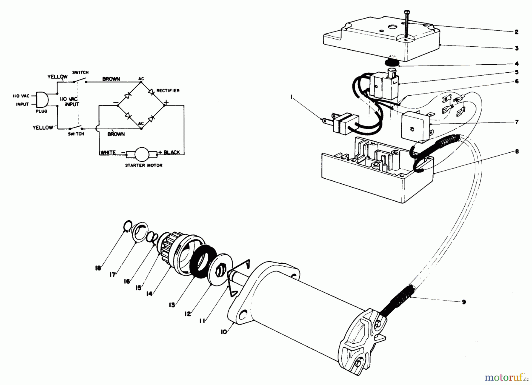 Toro Neu Snow Blowers/Snow Throwers Seite 1 38120 (S-200) - Toro S-200 Snowthrower, 1981 (1000351-1999999) STARTER MOTOR & SWITCH ASSEMBLY (MODEL 38130)