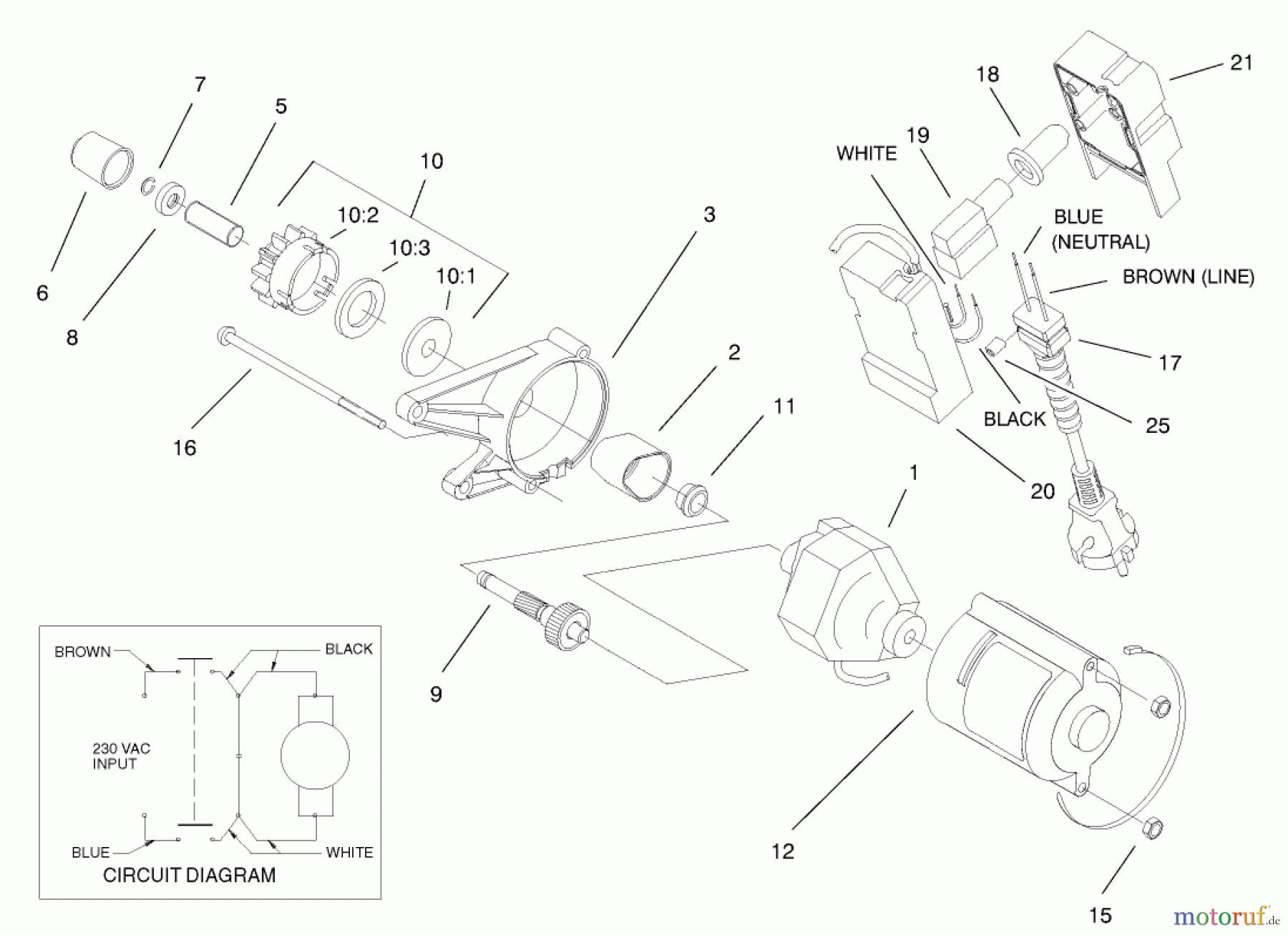 Toro Neu Snow Blowers/Snow Throwers Seite 1 38183 - Toro CCR Powerlite Snowthrower, 2002 (220000001-220999999) MOTOR AND SWITCH HOUSING ASSEMBLY NO. 105-2957 (ONLY ON 38183)(230 VOLT)