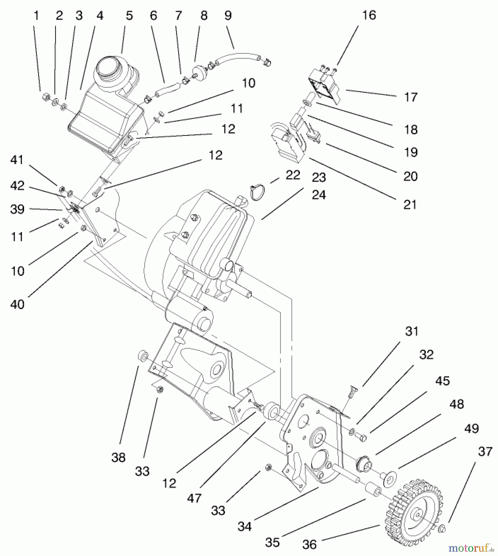  Toro Neu Snow Blowers/Snow Throwers Seite 1 38430 (3000) - Toro CCR 3000 Snowthrower, 1999 (9900001-9999999) ENGINE & GAS TANK ASSEMBLY