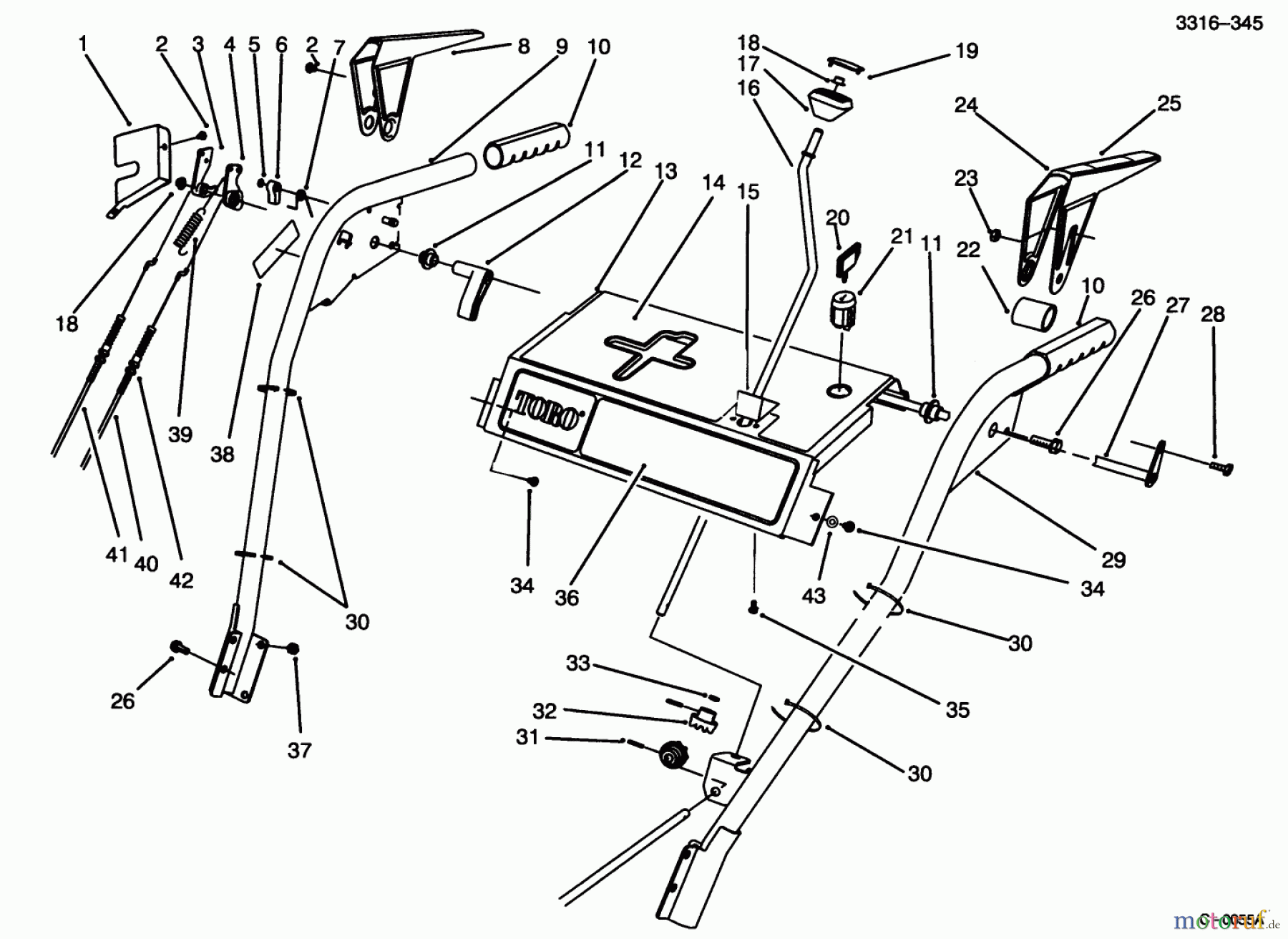 Toro Neu Snow Blowers/Snow Throwers Seite 1 38555 (1028) - Toro 1028 Power Shift Snowthrower, 1995 (59000001-59999999) HANDLE ASSEMBLY