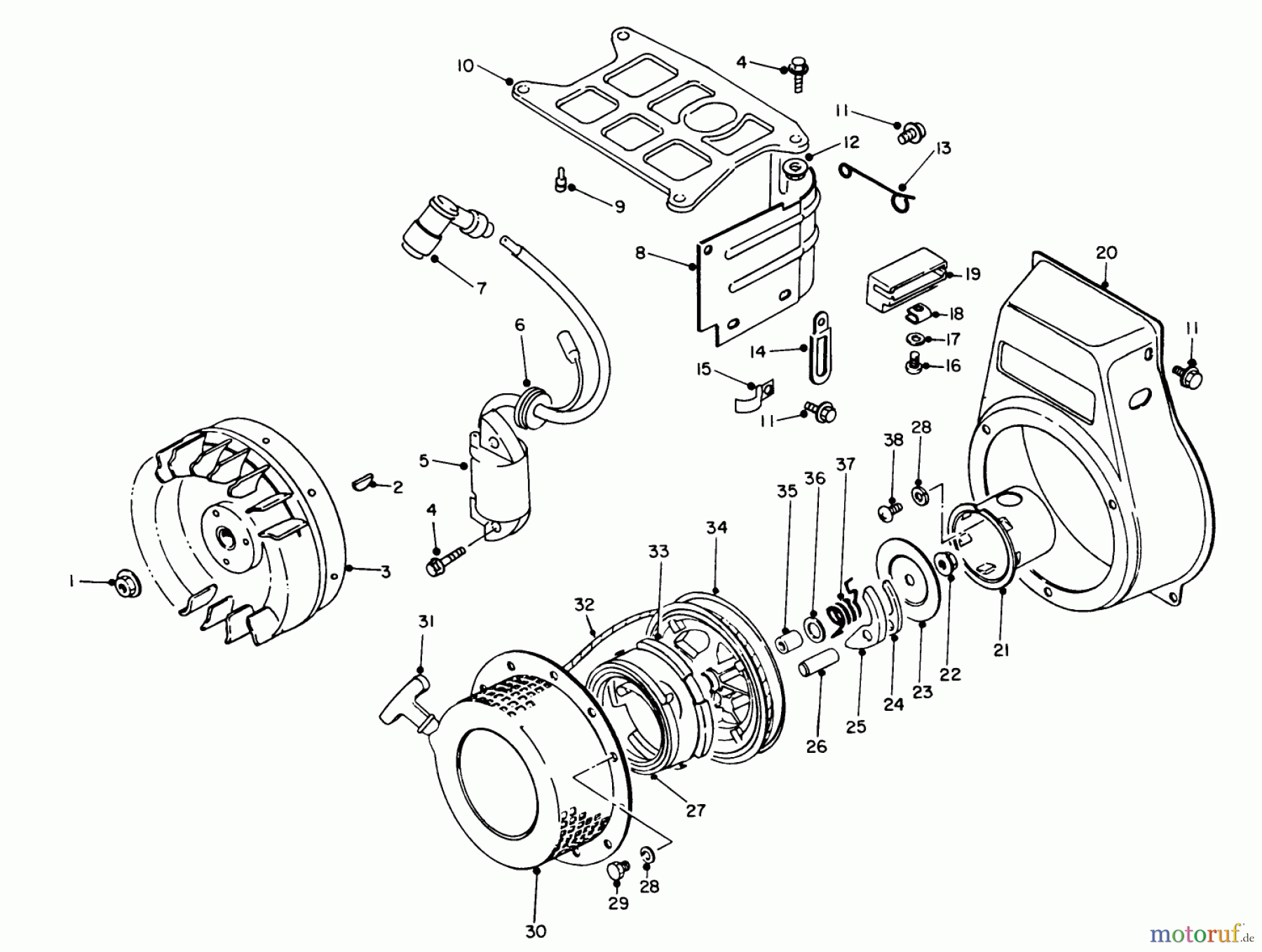  Toro Neu Generators 62025 (T2500) - Toro Generator, T2500, 1986 (6000001-6999999) REWIND STARTER & MAGNETO ASSEMBLY