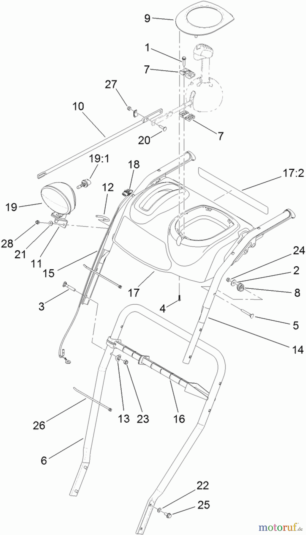 Toro Neu Snow Blowers/Snow Throwers Seite 2 38674 (1028 OXE) - Toro Power Max Heavy Duty 1028 OXE Snowthrower, 2013 (SN 313000001-312999999) LOWER HANDLE AND HEADLAMP ASSEMBLY