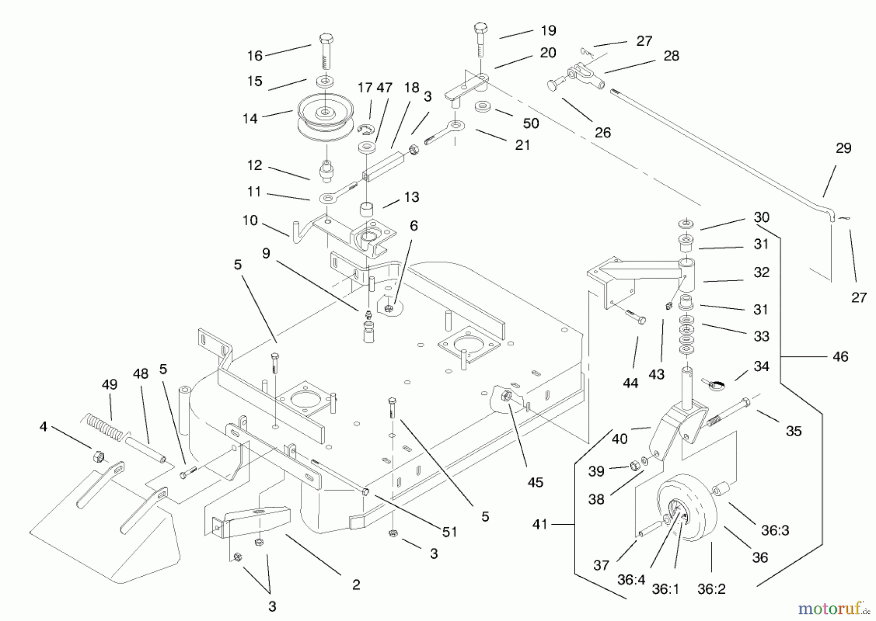  Rasenmäher für Großflächen 30184 - Toro Mid-Size ProLine Mower, Gear Drive, 13 hp, 91cm Side Discharge Deck (SN: 890001 - 899999) (1998) DECK, DRIVE PULLEYS & CASTER WHEELS